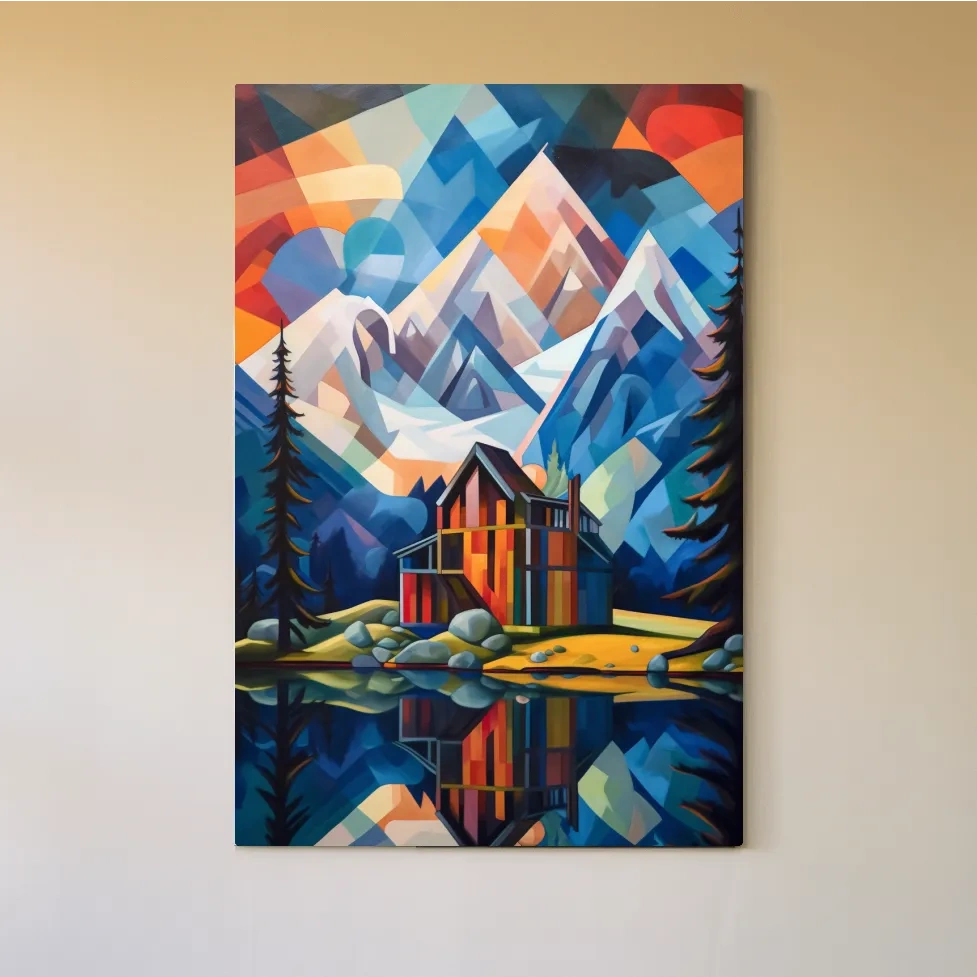 Abstract painting of a cabin by a lake
