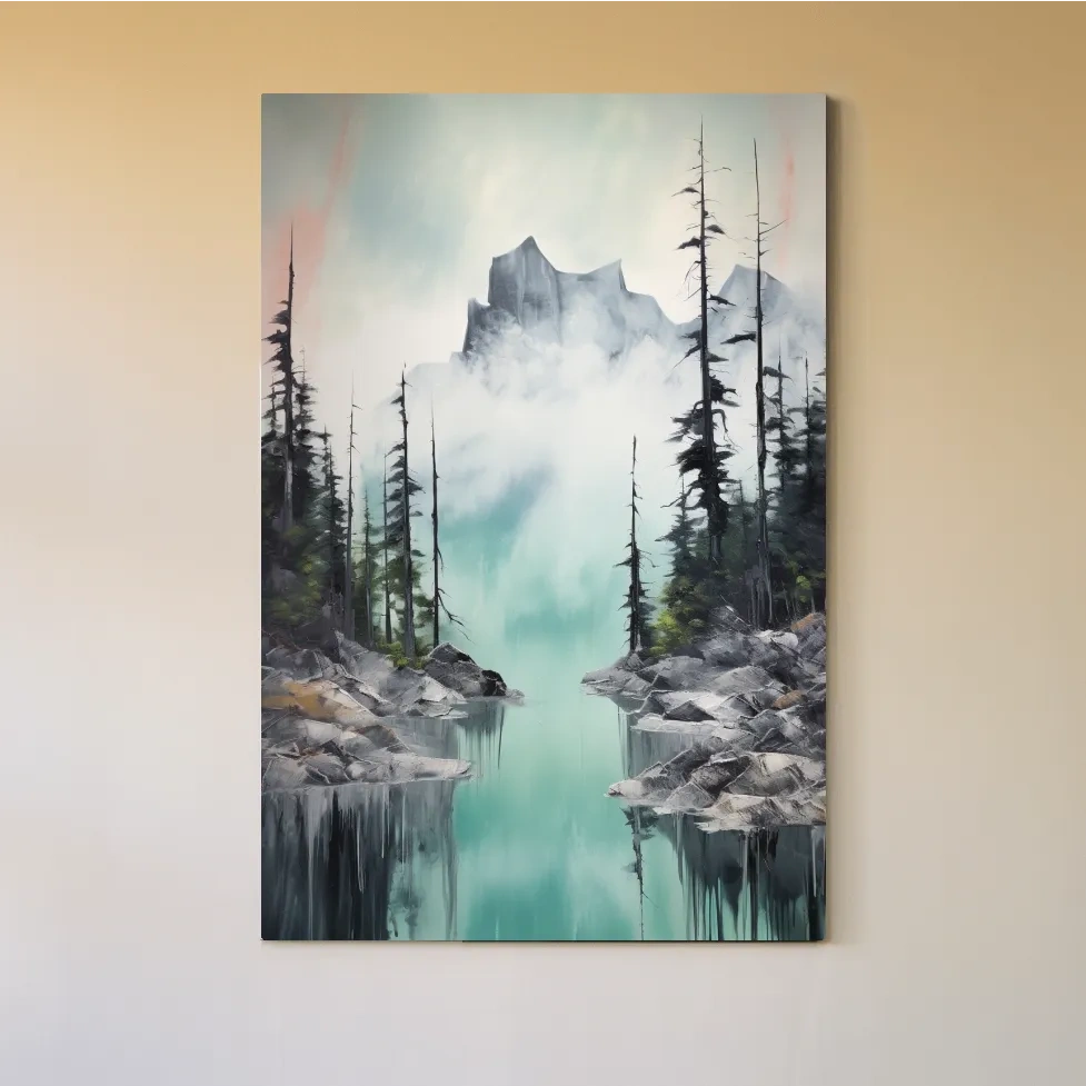 Painting of a turquoise alpine lake and mountain in the fog