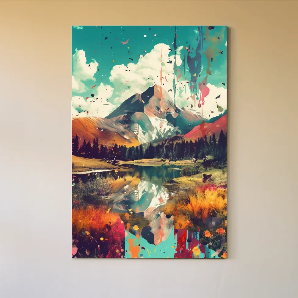 Colourful splattered abstract painting of a mountain and lake