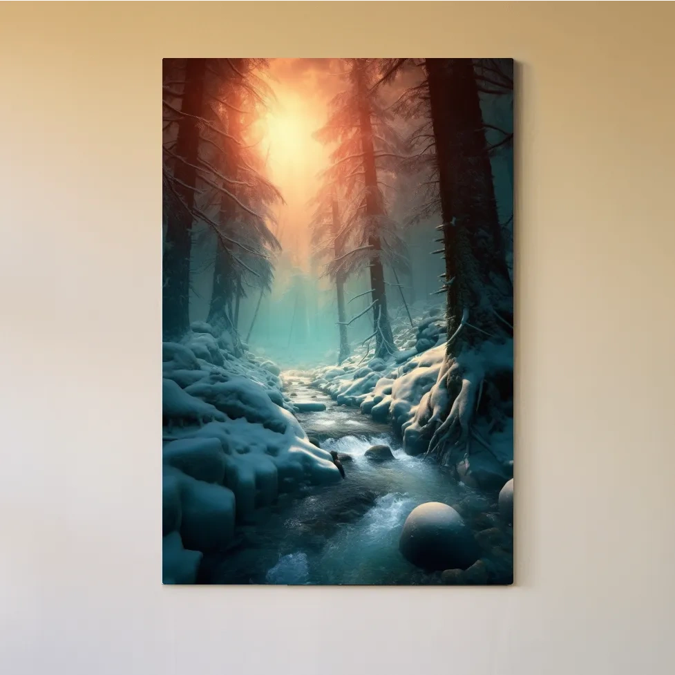 Photographic wall art, a stream running through the snow