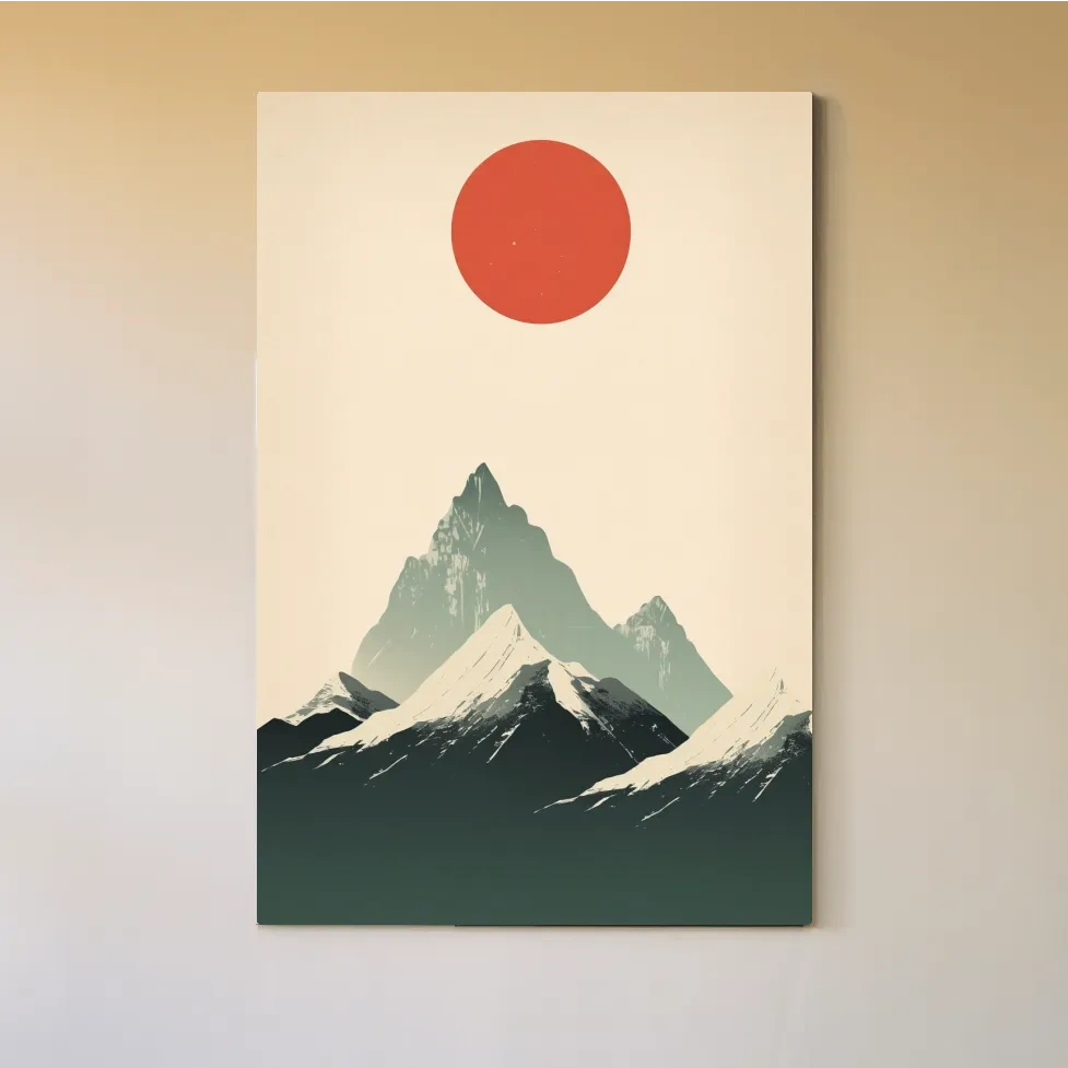 Japandi style minimalistic art of the sun over snow capped mountains