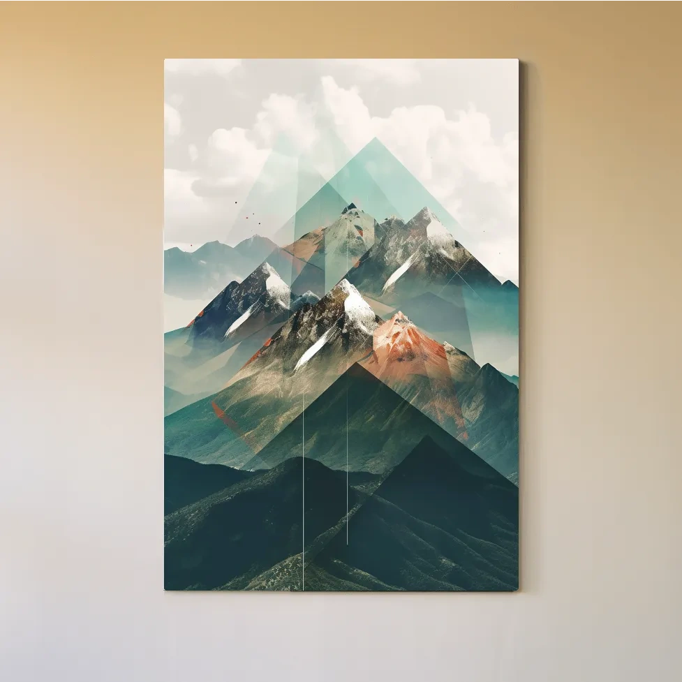 Abstract mountain art, geometric shapes overlaying mountain photography
