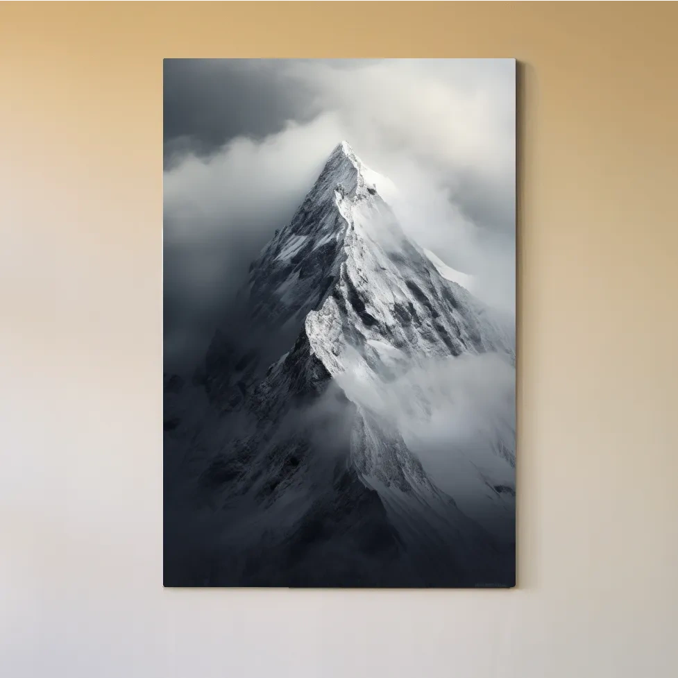 Photographic art, ominous snowy peak in the clouds