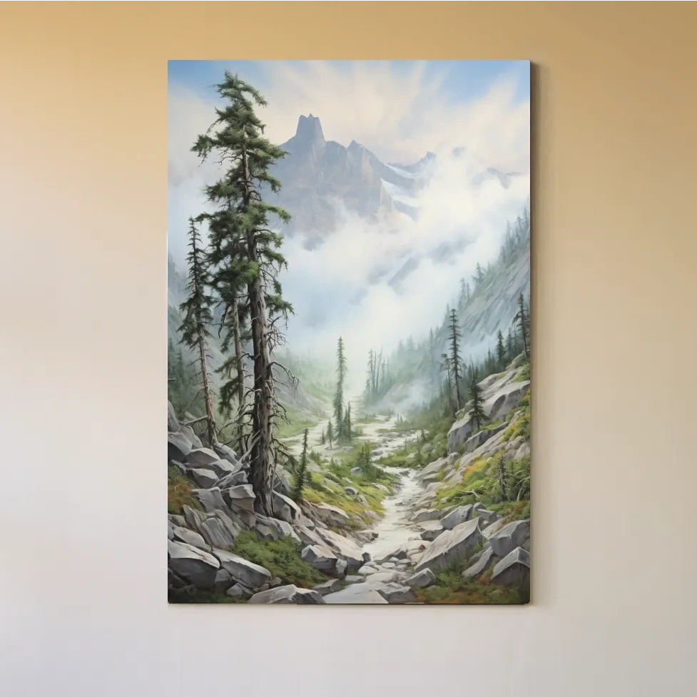 Painting of a trail leading into a foggy alpine scene