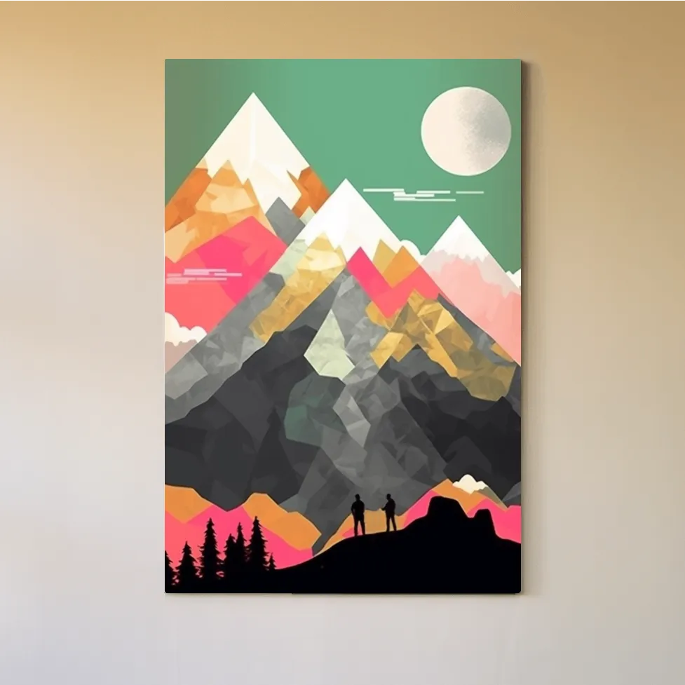 Simple flat colour 2d mountain art, colourful mountain ranges