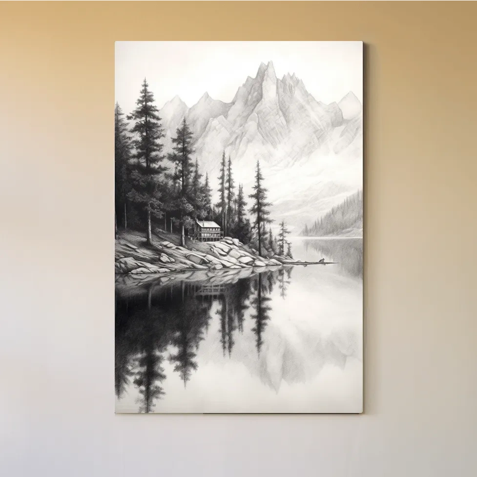 Lead pencil drawing of a cabin by an alpine lake