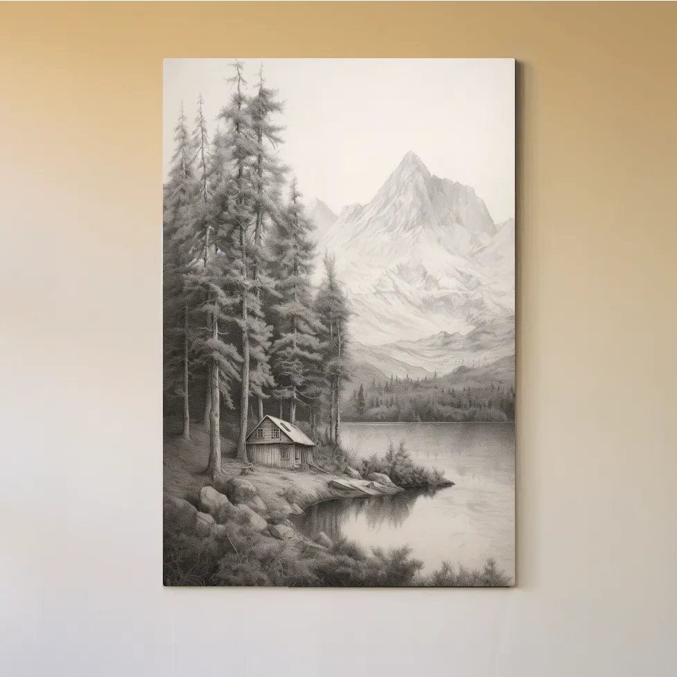 Lead pencil drawing of a cabin by an alpine lake