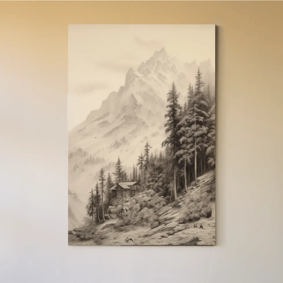 Lead pencil drawing of a cabin by a glacier
