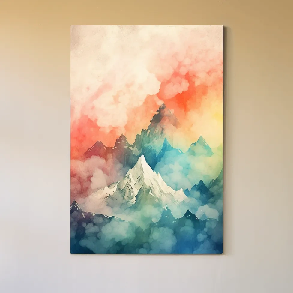 Colourful watercolour painting of a mountain landscape
