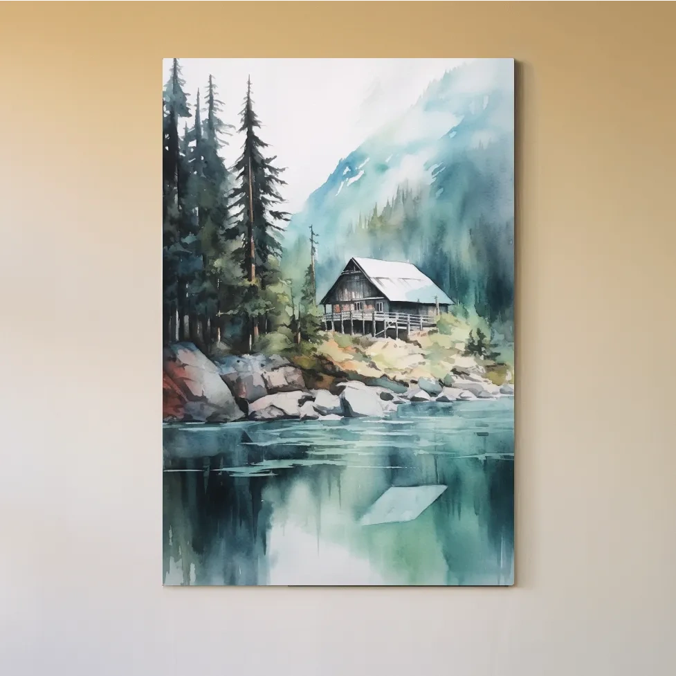 Watercolour painting of a cabin by a lake