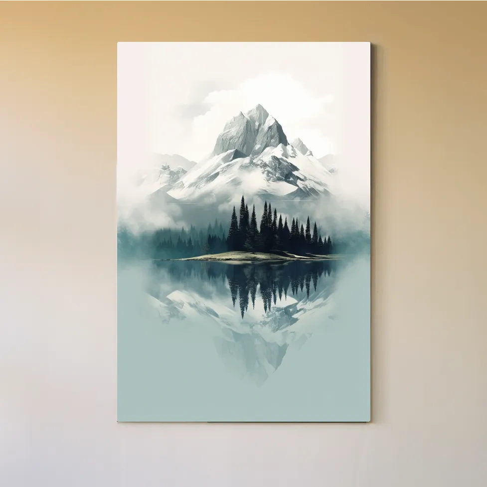 Misty Alpine Mountain Lake Reflection - Minimalist Watercolor Landscape Wall Art