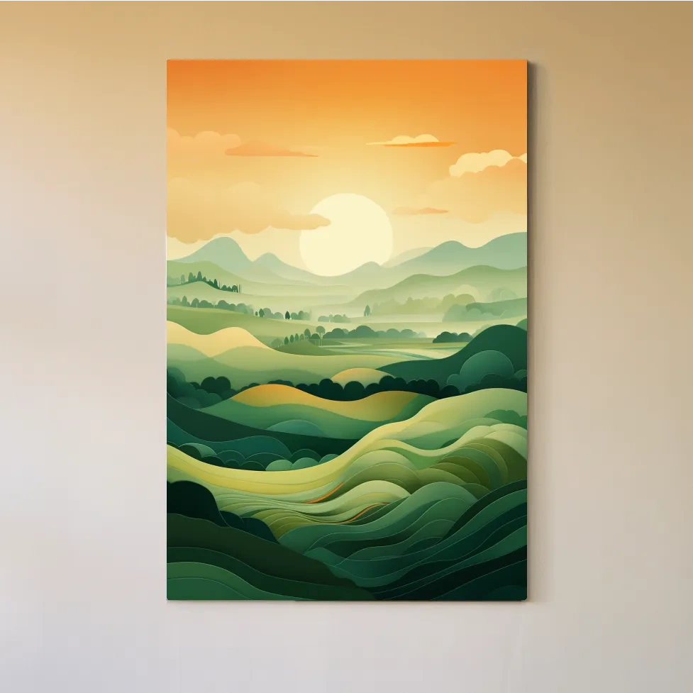 Illustration of rolling green hills at sunset