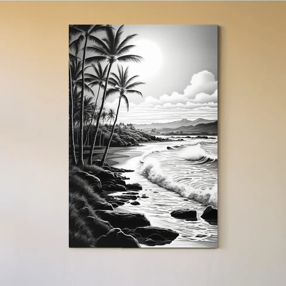Black and white drawing of a tropical beach mountain scene