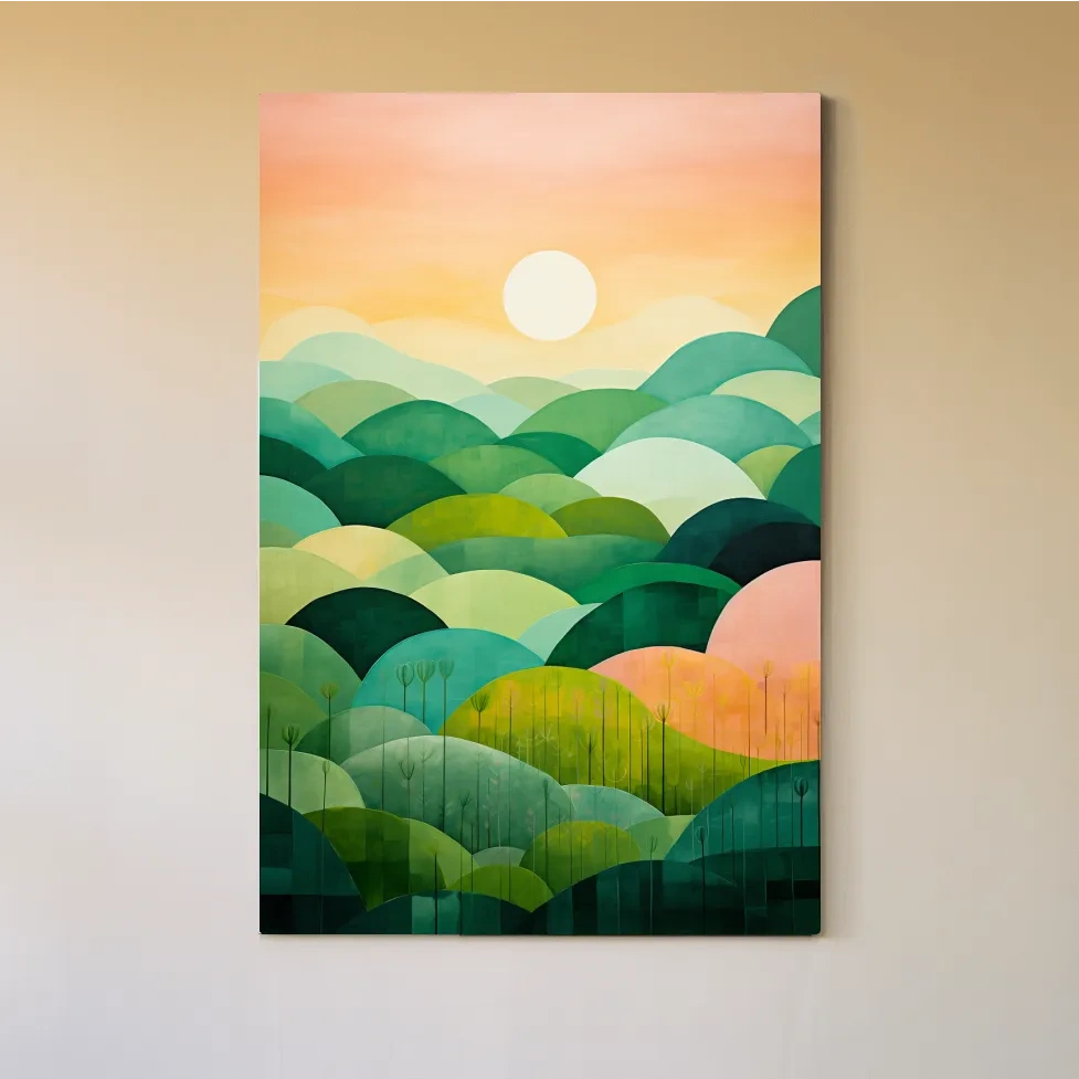 Rolling green abstract hills at sunset