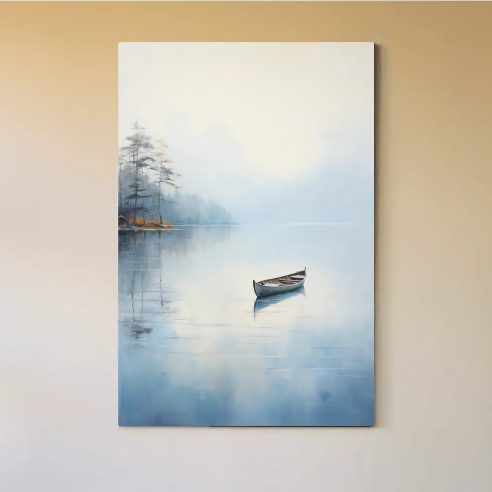 Watercolor painting, canoe on a misty lake