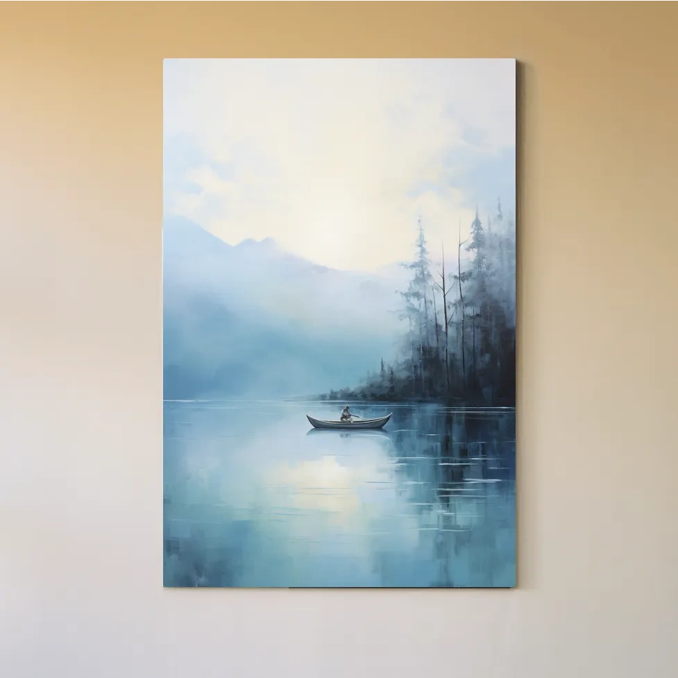 Misty Turquoise Mountain Lake Canoe Painting - Serene Forest Landscape Wall Art