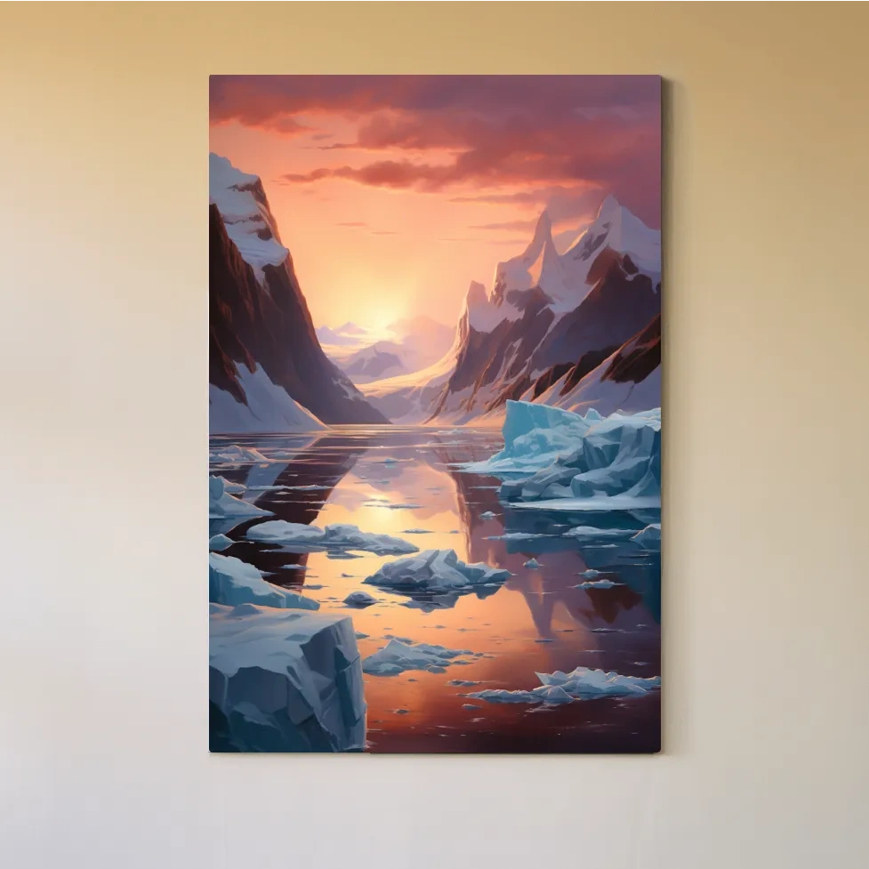 Beautiful surreal painting, sunset over the antarctic ice