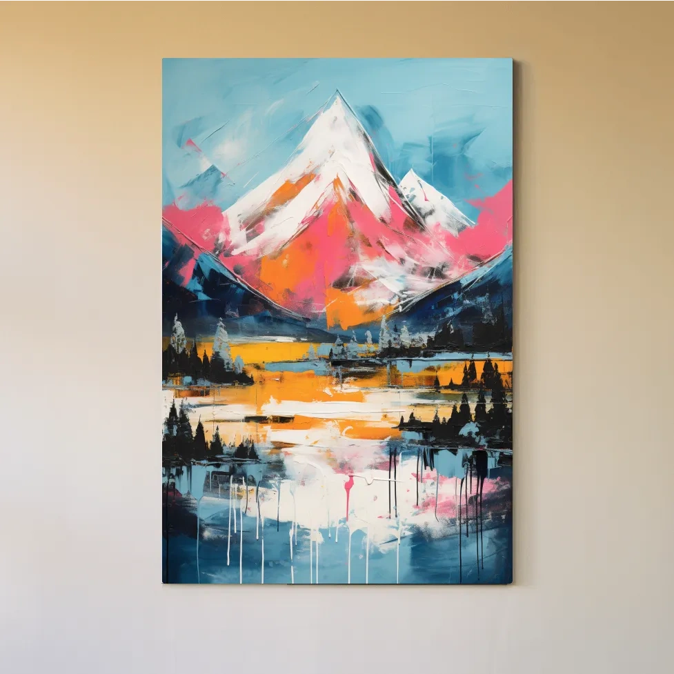 Bright painting of a snow capped mountain