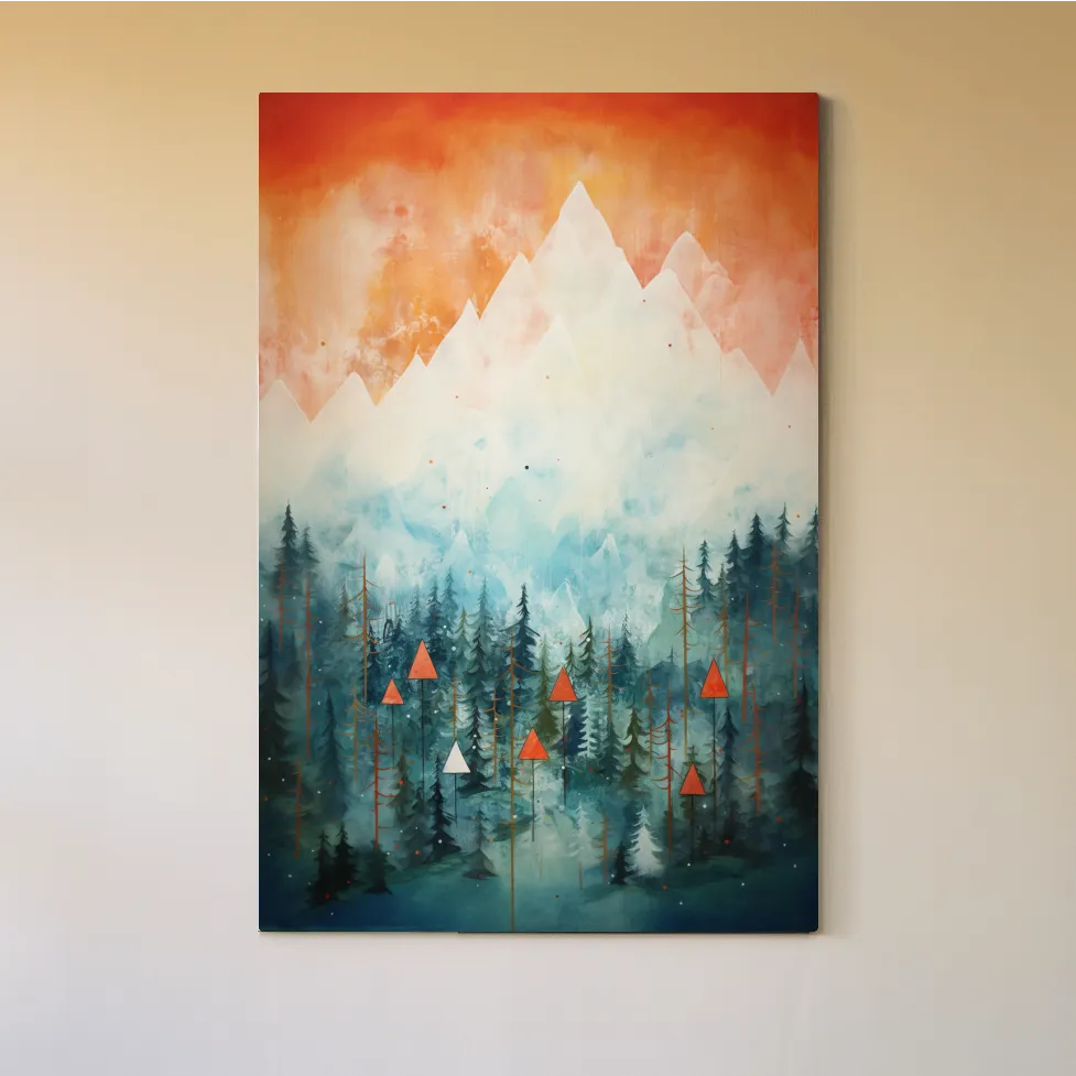 Abstract painting of a forest in the mountains