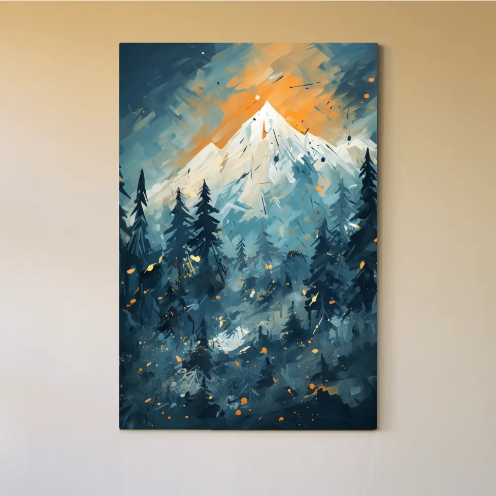 Abstract Snowy Mountain Peak Sunset - Moody Pine Forest Painting Wall Art