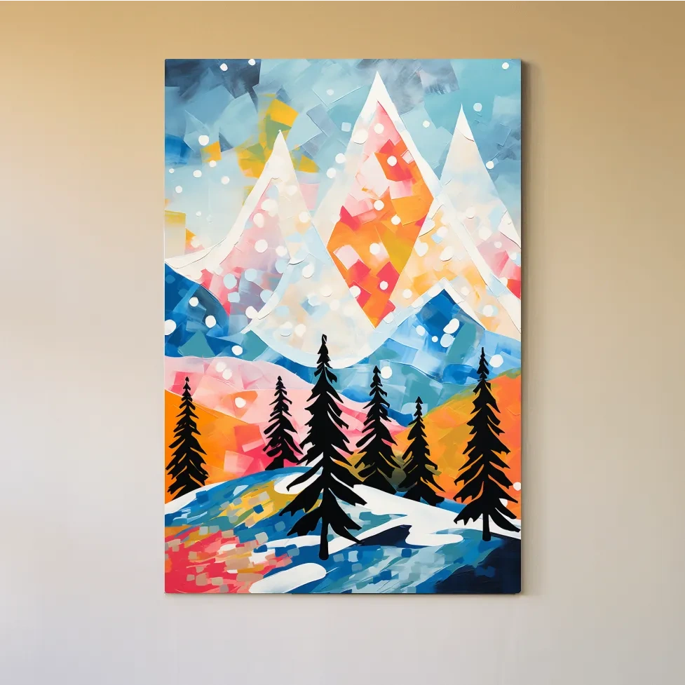 Simple colourful abstract painting of a snowy mountain scene