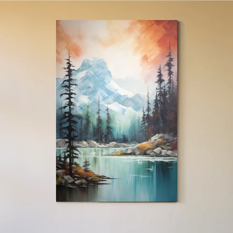 Turquoise Alpine Lake & Pine Forest Sunset Watercolor - Serene Mountain Landscape Wall Art