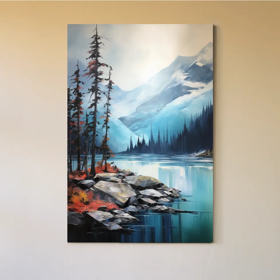 Serene painting, trees on a torquoise alpine lake