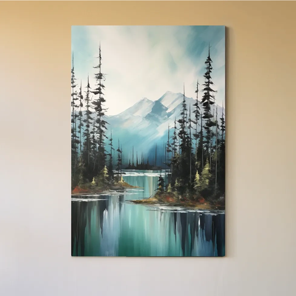 Alpine Turquoise Lake Watercolor Landscape - Serene Pine Forest Nature Wall Art