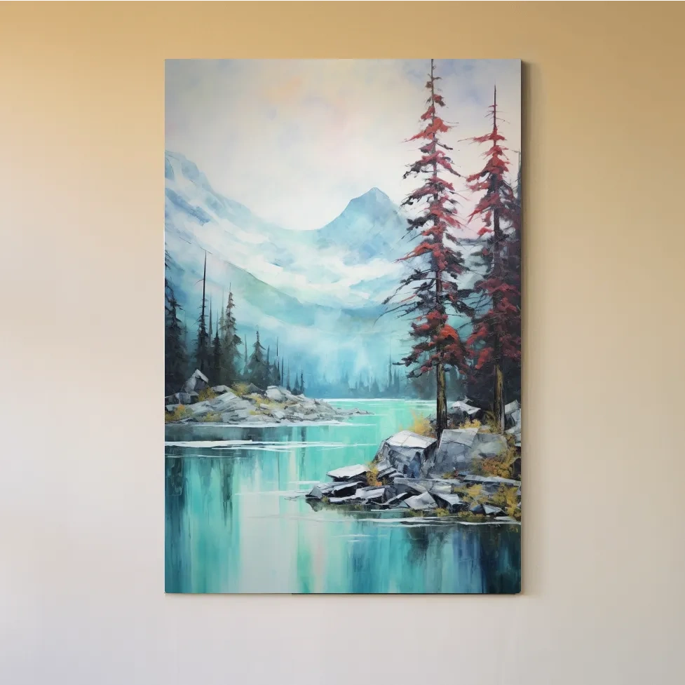 Misty Turquoise Alpine Lake Watercolor - Serene Mountain Landscape Wall Art