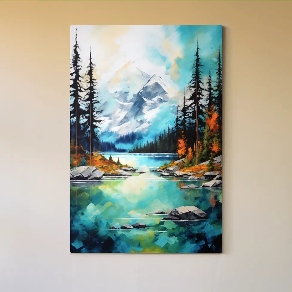 Torquoise alpine lake painting in the fall