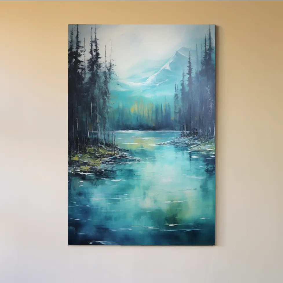 Thick oil painting, trees on a torquoise alpine lake