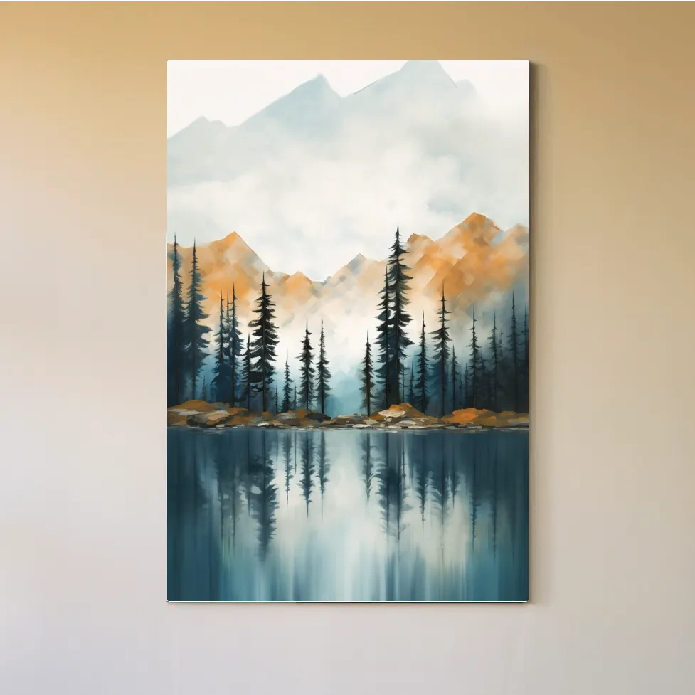 Trees on a beautiful alpine lake, mountain scenery painting