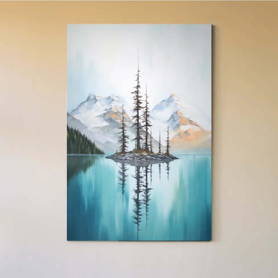 Painting of trees in a turquoise alpine lake