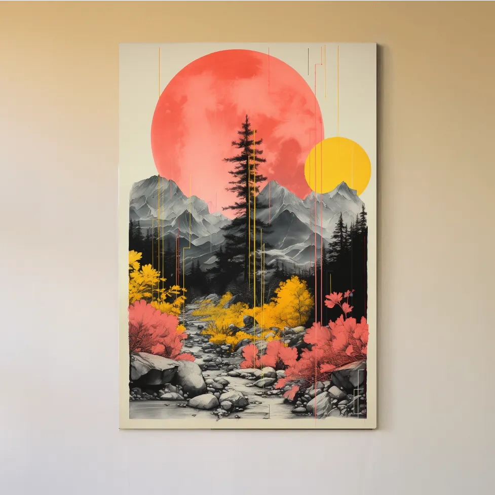 Pink and yellow contrasting artwork, alpine mountain scene