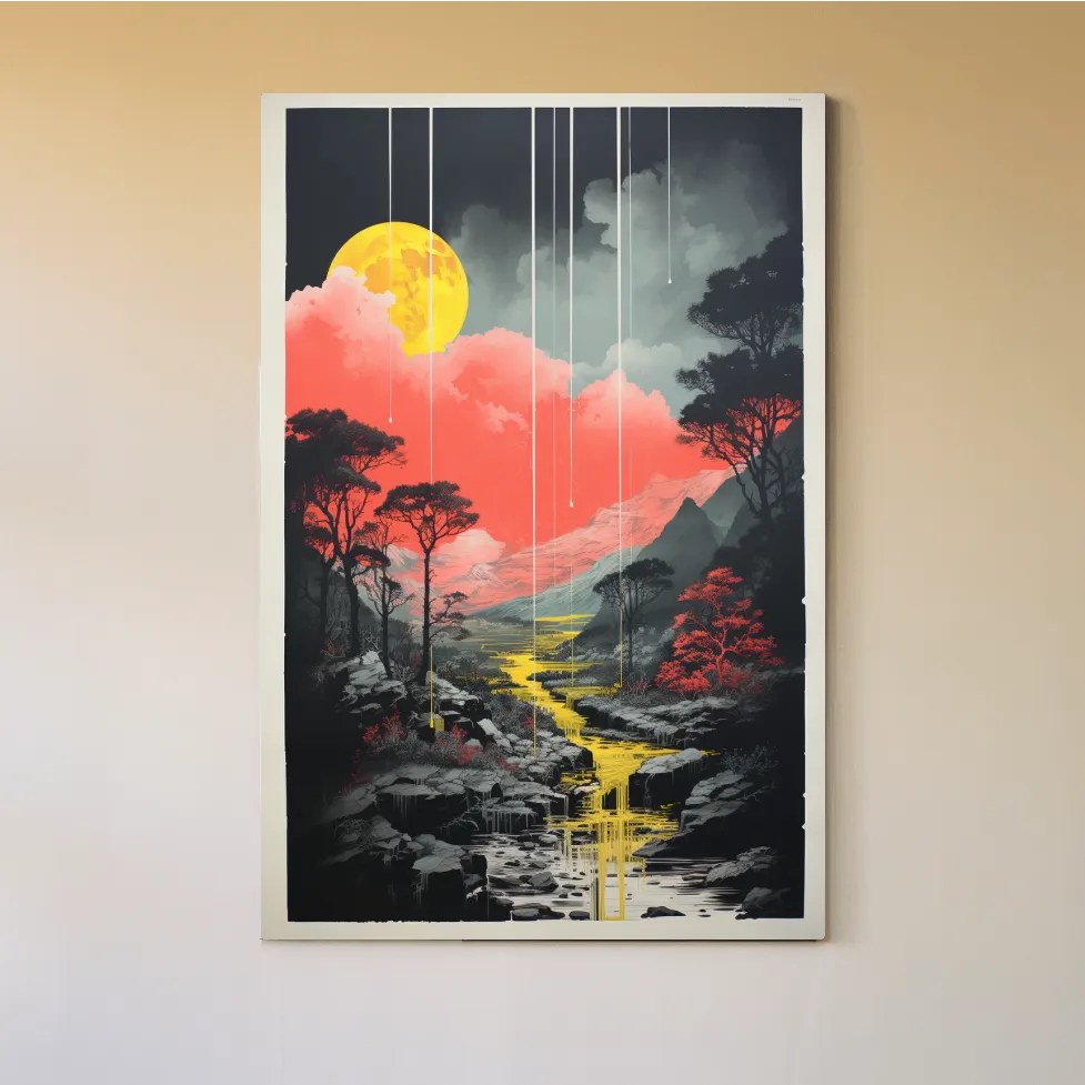 River running through the mountains, colourful illustration