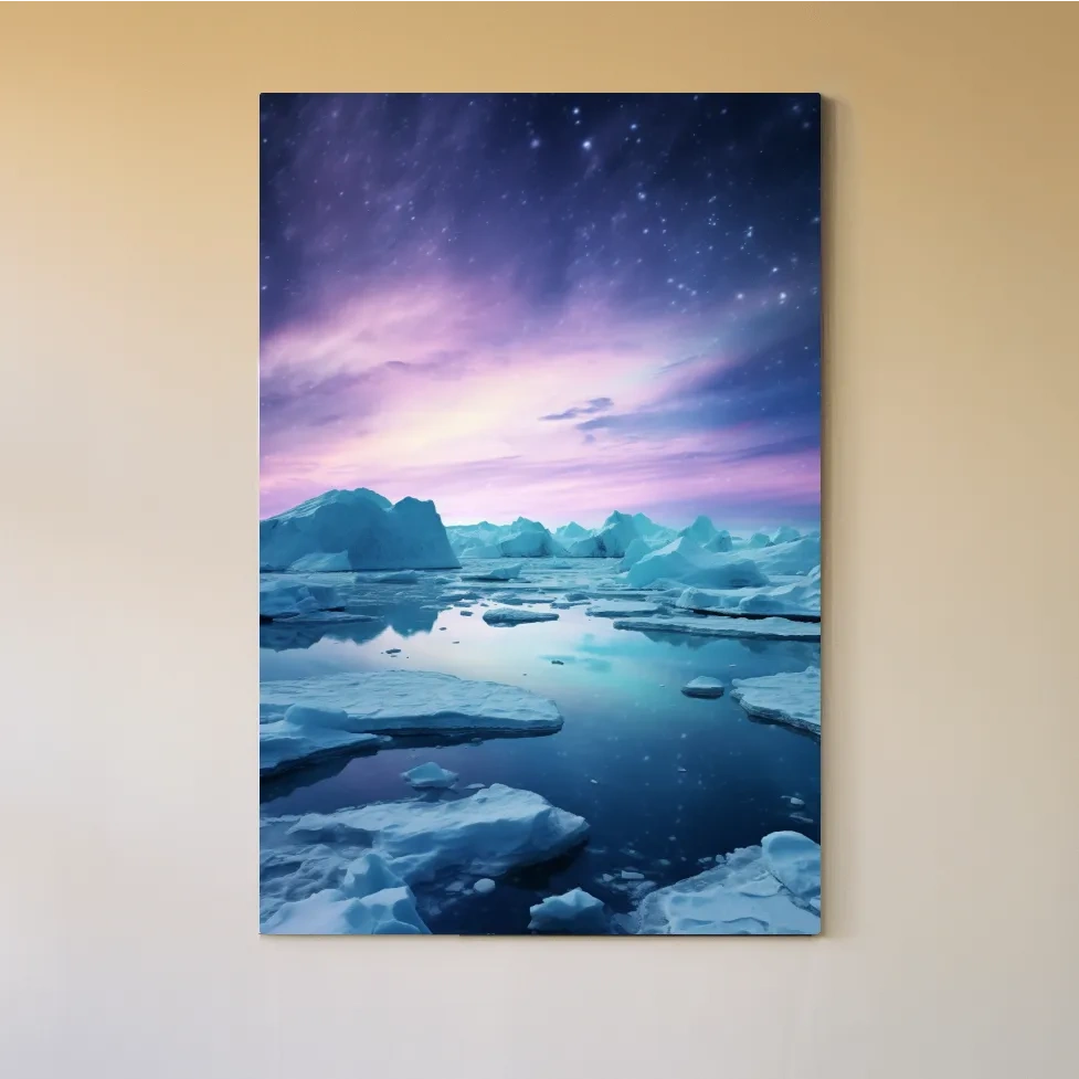 Surreal photography, purple northern lights over the arctic ice