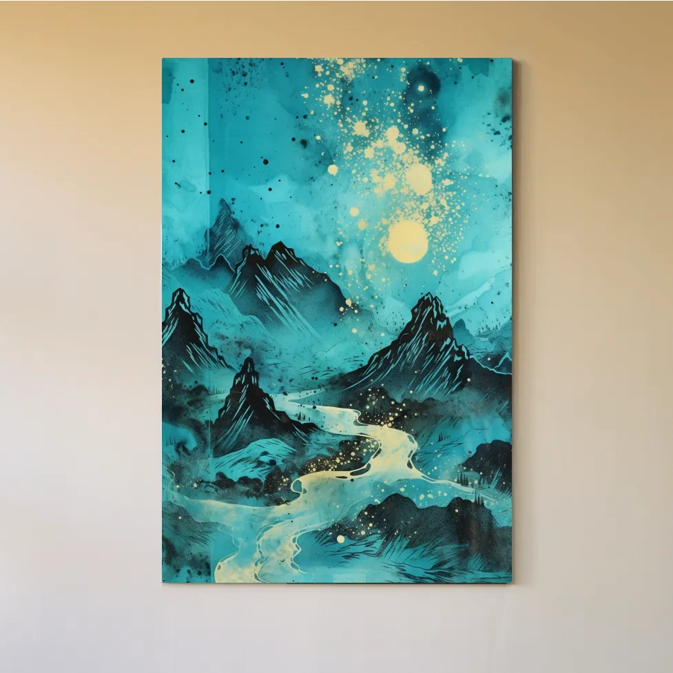 Abstract painting of a river through the mountains