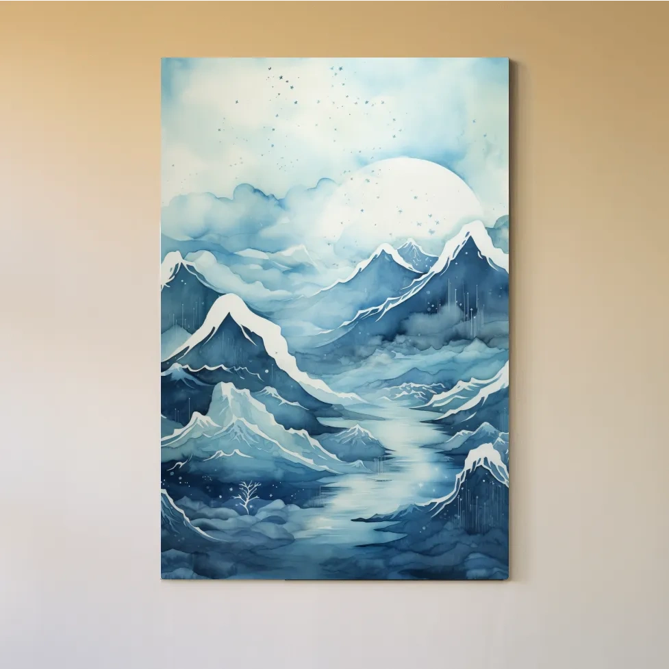 Watercolour painting, subtle blue snowy mountain peaks