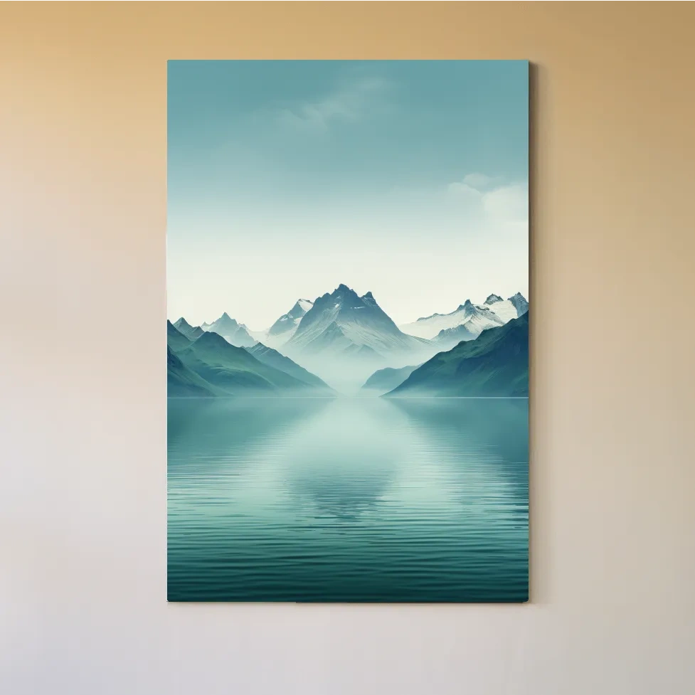 Soft, minimal art, mountains by a lake