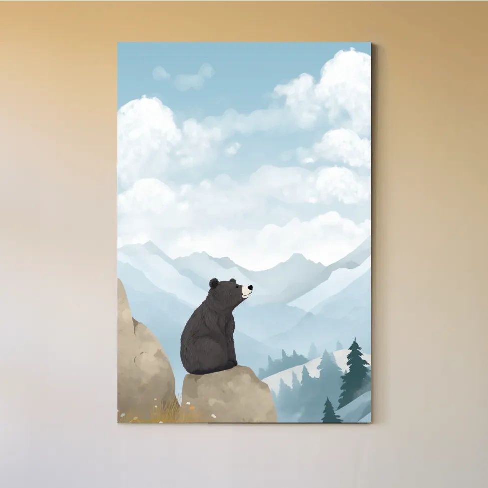 Whimsical Black Bear Mountain Landscape Illustration - Cute Animal Nursery Wall Art