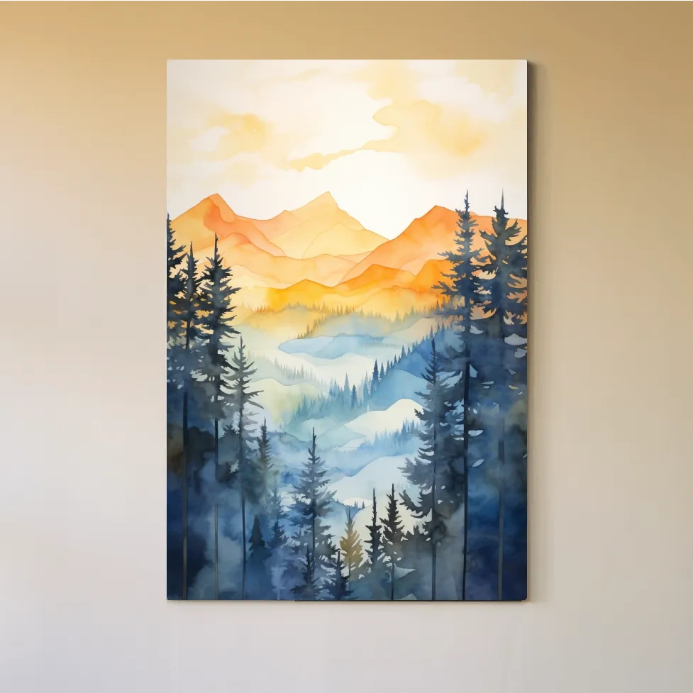 Simple watercolor art painting of alpine mountain scenery