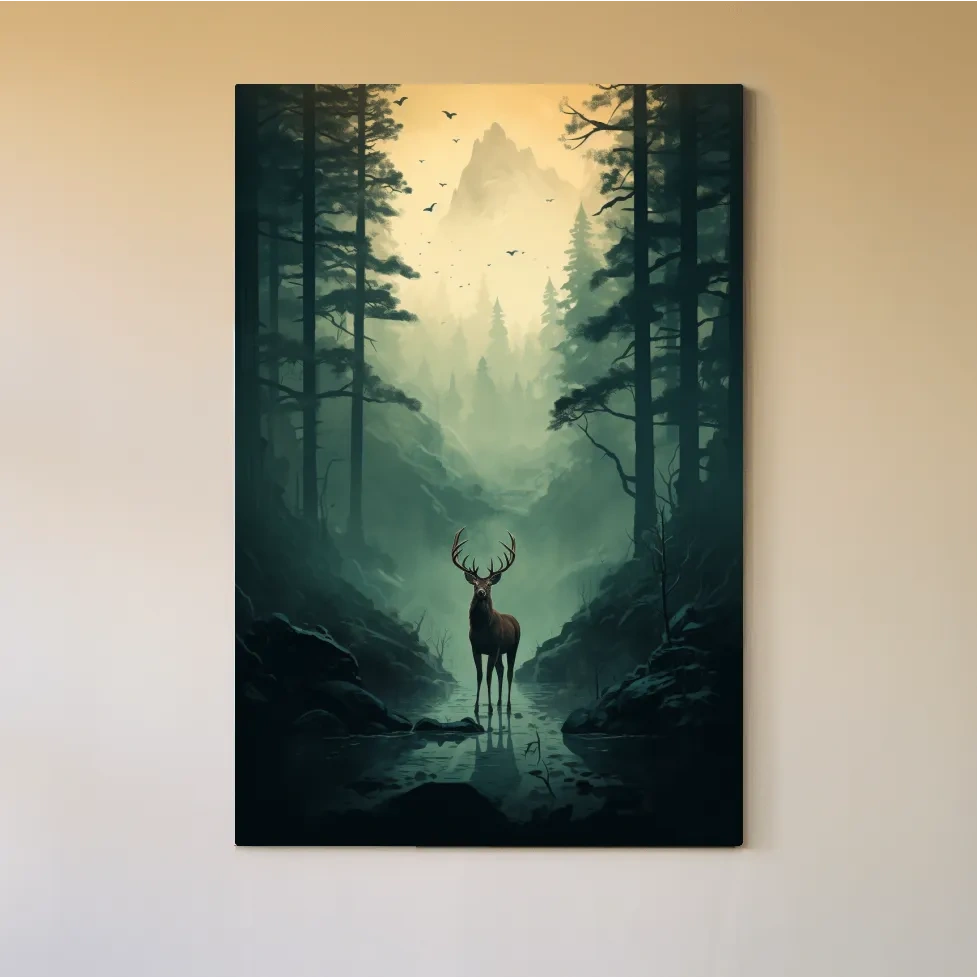 Serene illustration of a deer in a misty forest