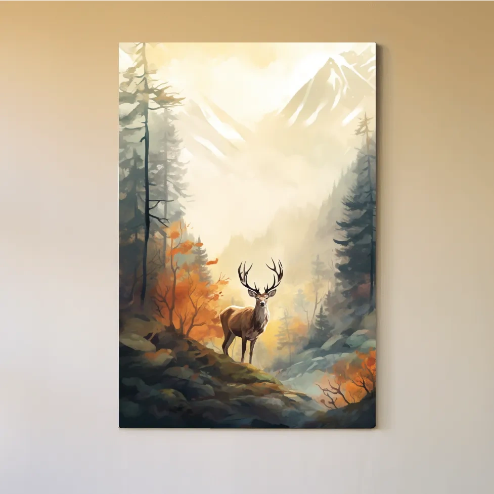 Majestic Stag In Misty Mountain Forest - Autumn Watercolor Wildlife Wall Art