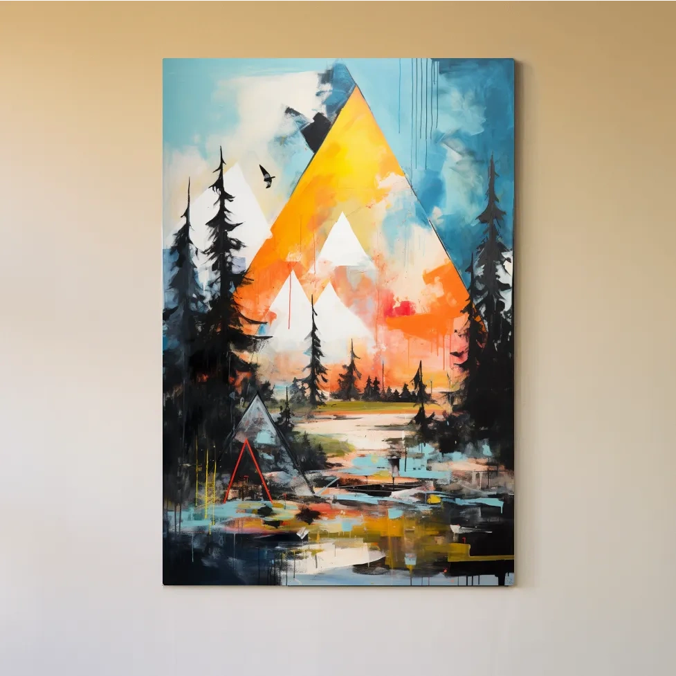 Vibrant Abstract Mountain Painting - Modern Geometric Alpine Forest Wall Art