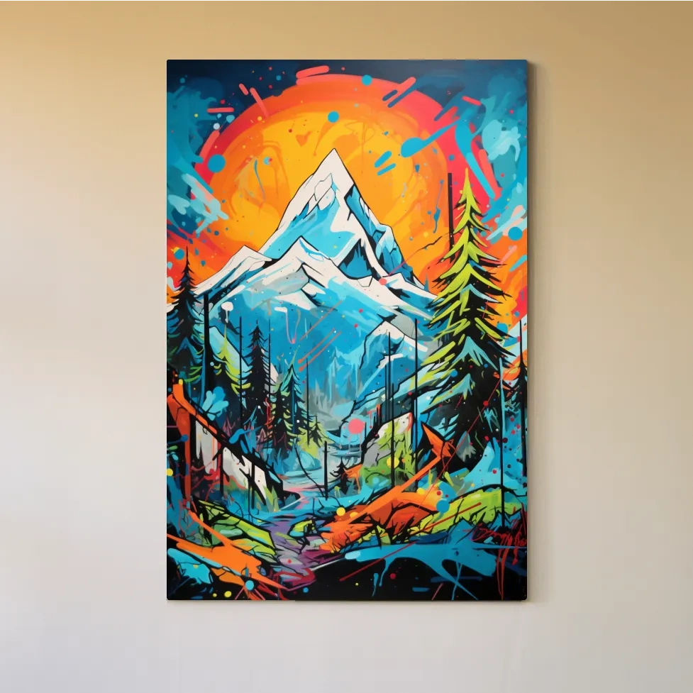 Graffitti inspired art of sunset over a glacier, vibrant wall art