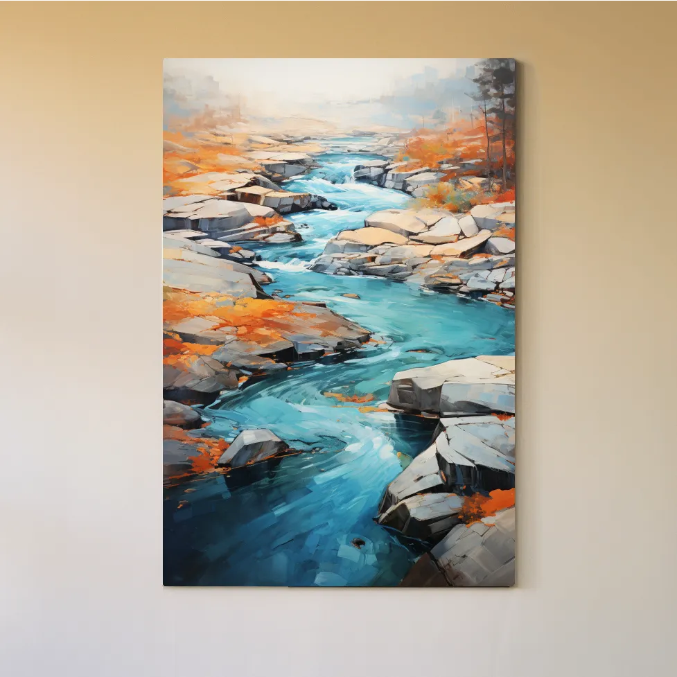 Serene painting of a river flowing through the rocks in fall