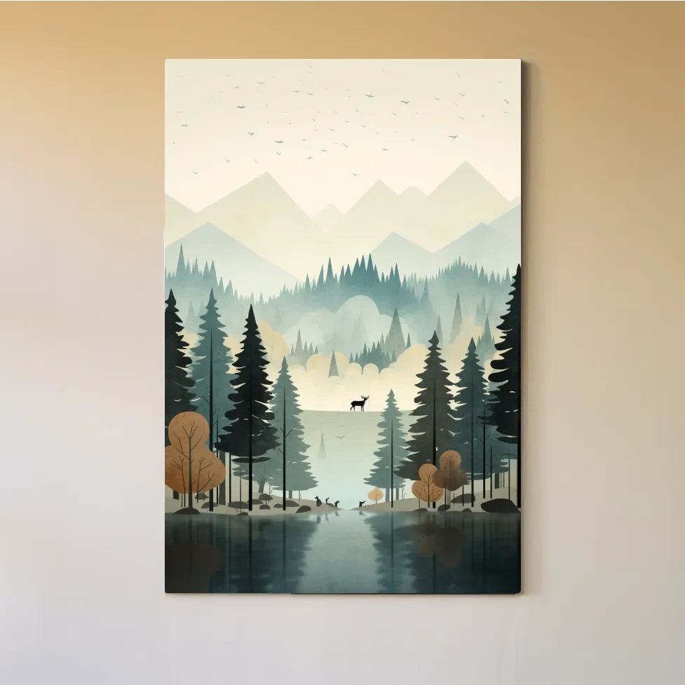 Mountain illustration, silhouette of a deer in a peaceful forest