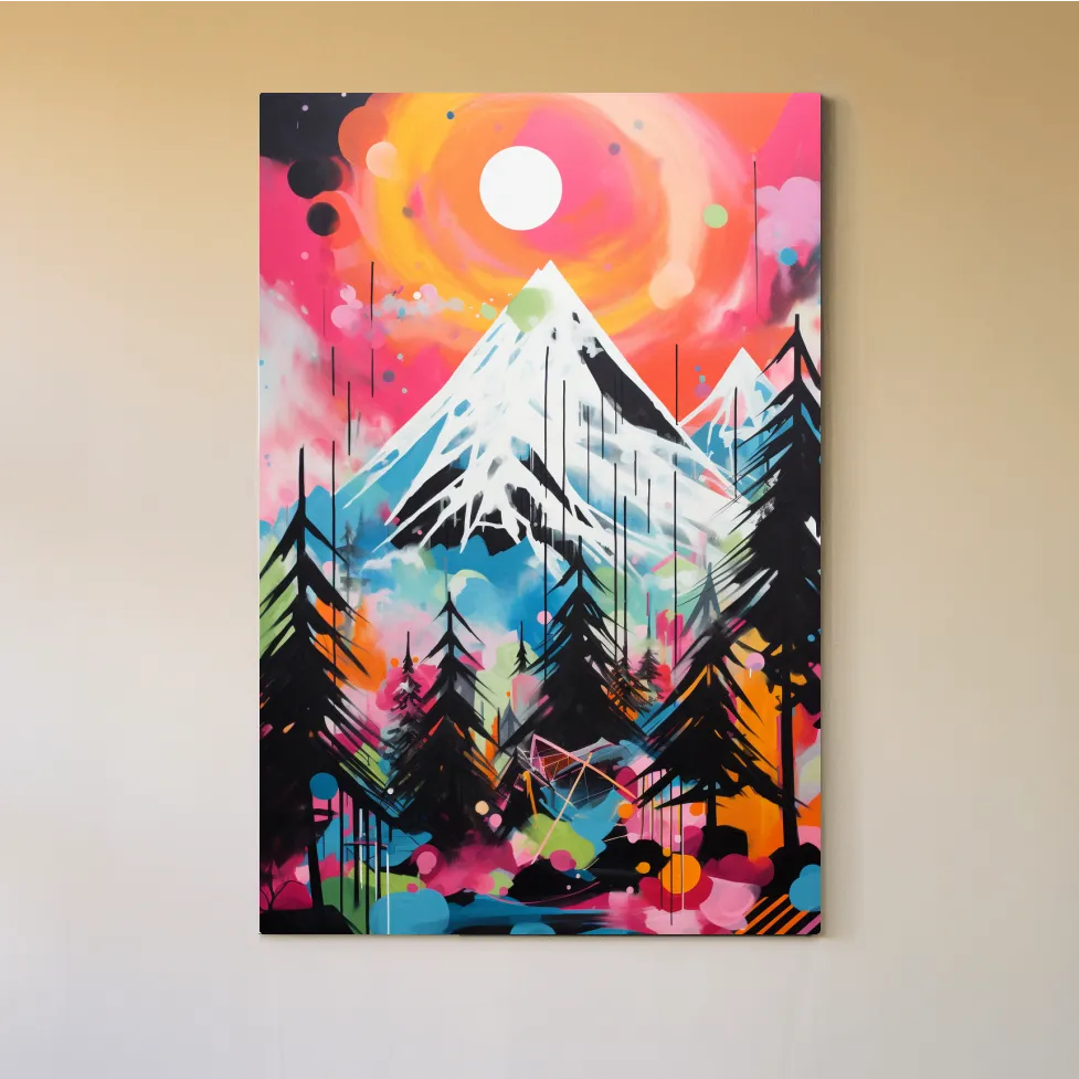 Vibrant energetic arcylic painting, glacier at sunset