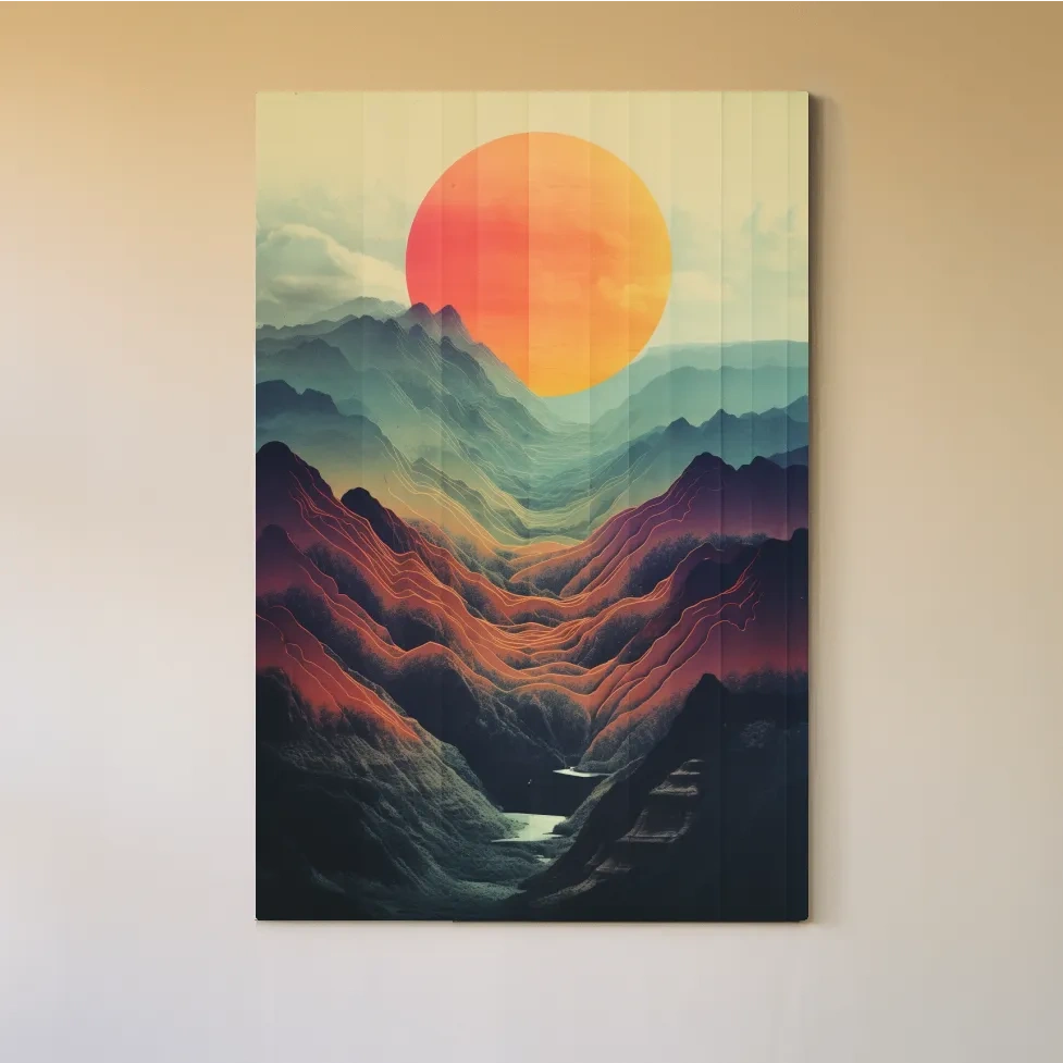 Illustrative art of a layered mountainous valley at sunset
