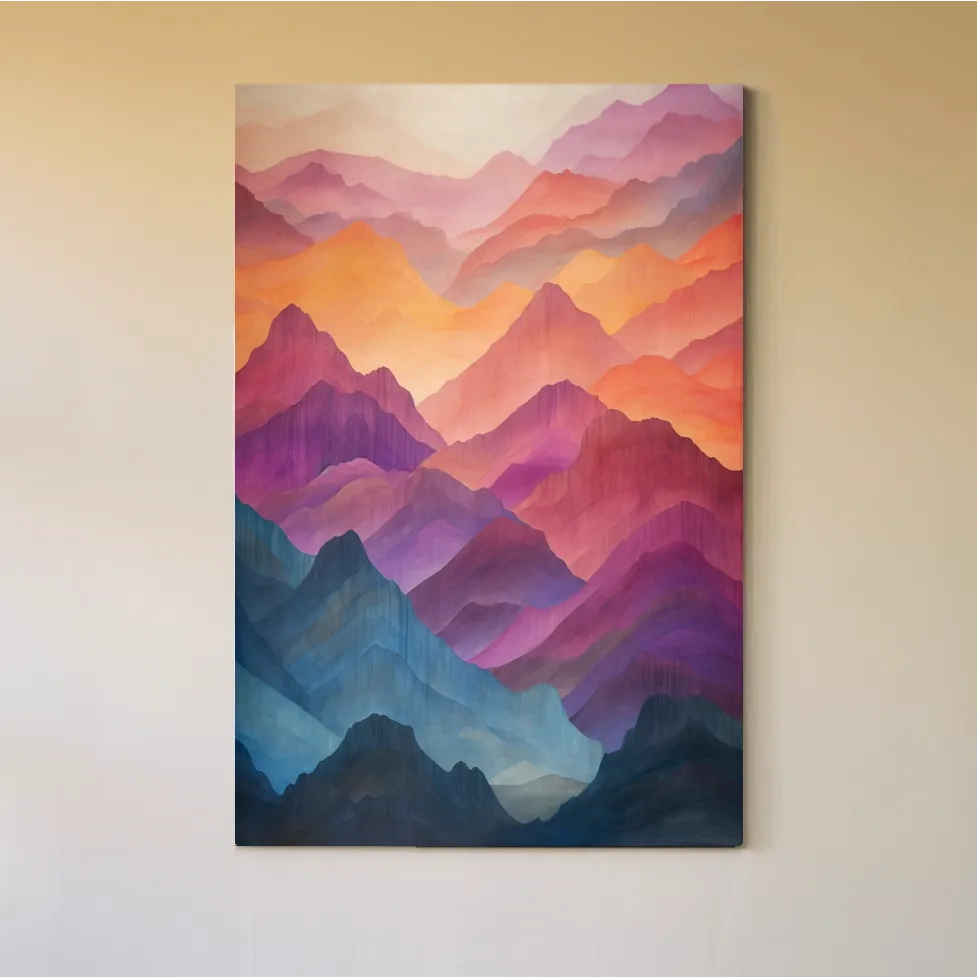Vibrant colourful mountain range patterns, watercolour style illustration